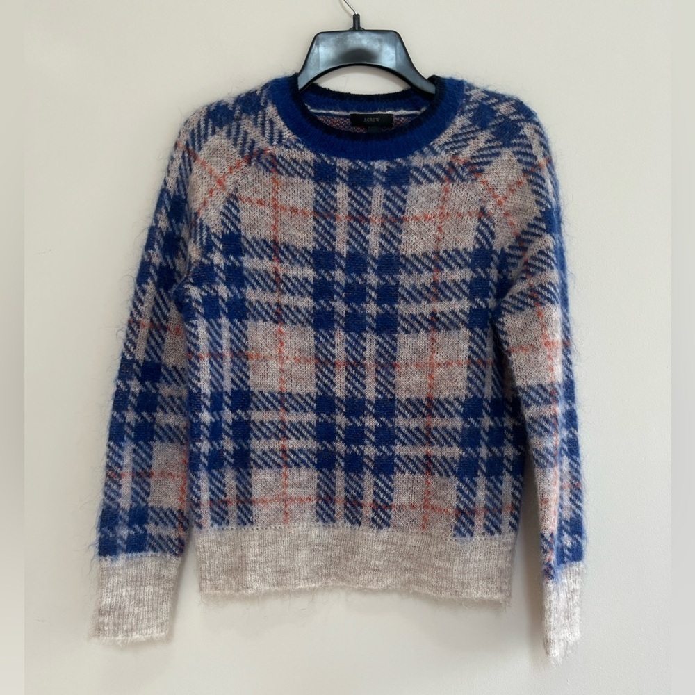 NWT J. Crew Brushed Wool/Mohair Blend Crewneck Plaid Sweater, Blue/Cream, XS - Picture 1 of 7